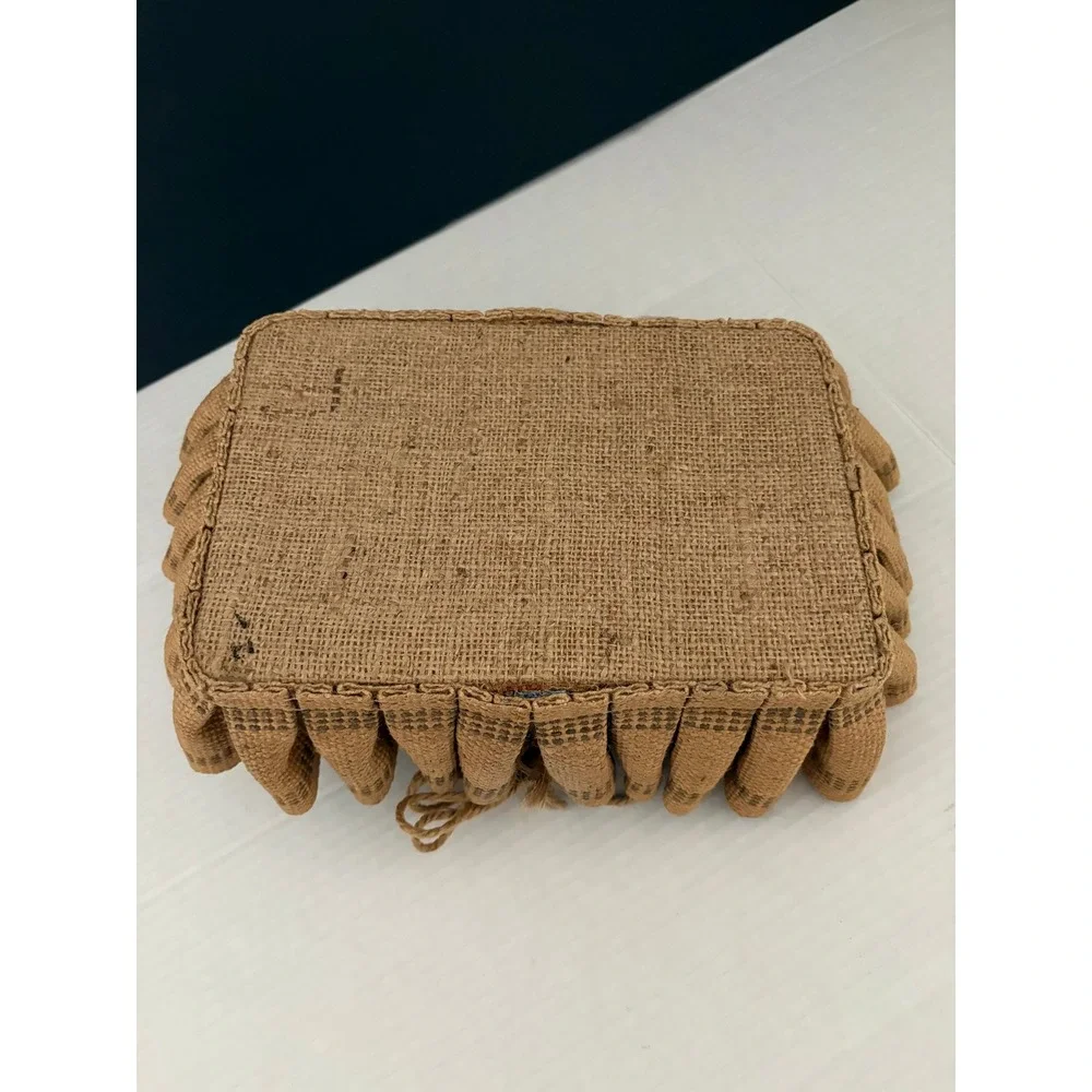 VTG Handmade Burlap Basket Farmhouse Primitive Rustic‎ Tan Blue Floral Handle